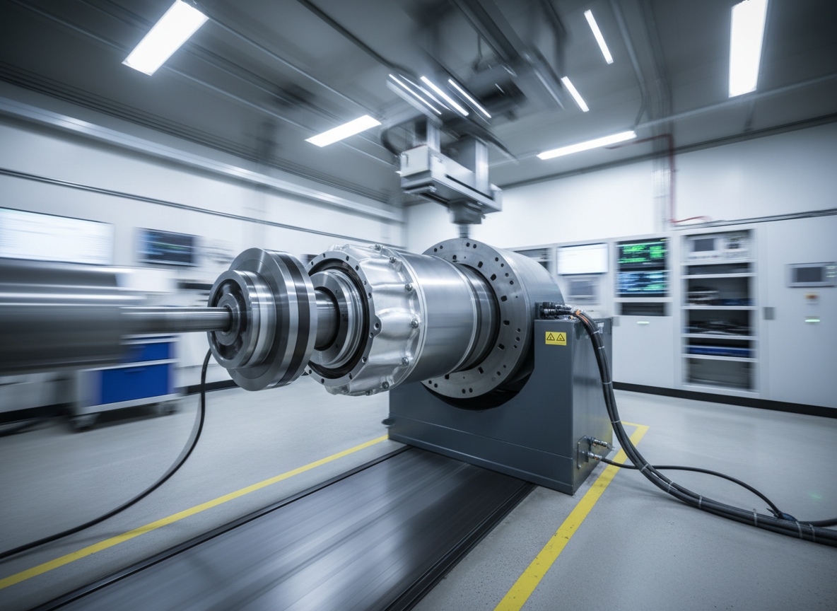 A dynamic, motion-blur style shot of an EV powertrain test rig inside a high-tech validation lab, with a mounted electric drive unit connected to a dynamometer via a robust coupling. The drive unit’s aluminum casing glints under cool white LED strip lights that run along the ceiling and side walls, while status indicators on nearby instrumentation cabinets emit subtle green and blue glows. The background is intentionally blurred to suggest controlled motion and high-speed testing, while the drive unit and coupling remain tack sharp in the center of the frame. Photographic realism with a wide-angle, slightly low perspective enhances scale and performance. The atmosphere is focused, data-driven, and globally competitive, emphasizing durability and proven field deployment.