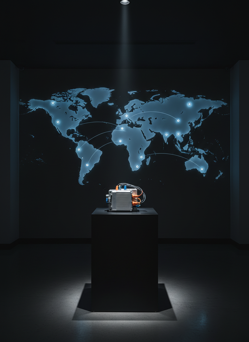 An illuminated world map wall graphic in a minimalist EV technology showroom, with embedded LED pins glowing softly at more than twenty strategic locations across different continents, symbolizing deployments of EV powertrain solutions. In the foreground on a sleek, matte black pedestal, a compact electric axle module is displayed under a narrow, cool-white spotlight, its machined fins and connectors rendered in crisp detail. The surrounding space is dark and uncluttered, allowing the map and module to dominate the composition. Shot straight-on with balanced framing, maintaining sharp focus throughout. The mood is confident, global, and forward-looking, using clean photographic realism to communicate international reach and proven reliability of advanced EV powertrain components.