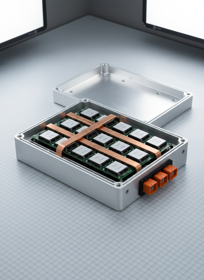 A precision EV inverter enclosure opened on a spotless light-grey anti-static mat, revealing neatly organized circuit boards, robust busbars, and carefully aligned IGBT or SiC power modules with subtle manufacturer markings. Thick orange terminals at the edge of the housing hint at high-voltage capability. Soft studio lighting from both sides reduces glare on glossy PCB surfaces while creating gentle gradients across the brushed aluminum casing. Shot at a slightly elevated angle with a medium depth of field, the central power electronics are in sharp focus as the edges fall slightly softer. The environment feels disciplined and engineering-centric, conveying meticulous design, thermal management, and reliability in a professional, photographic realism style suitable for technical presentations and product pages.