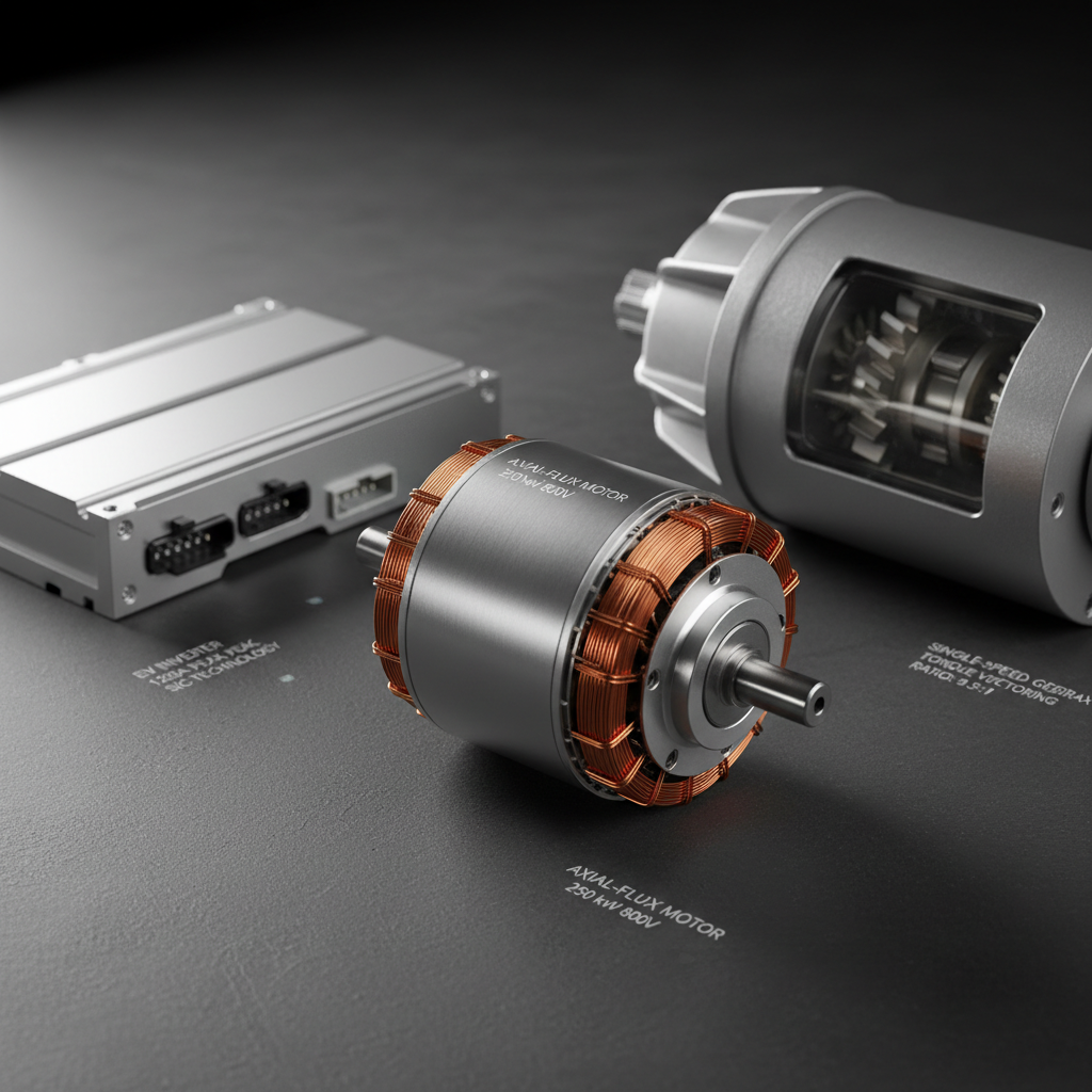 A close-up, cutaway-style arrangement of EV powertrain components laid out on a dark graphite work surface: a compact axial-flux motor with visible copper windings, a sleek silver inverter module with detailed connector ports, and a precision-machined gearbox casing with subtle texture. Fine laser-etched specification labels are visible on each part. Controlled studio lighting from the left creates crisp highlights along metal edges and a gentle falloff into shadow, emphasizing depth and texture. Shot from a slightly elevated, three-quarter perspective using a shallow depth of field, focusing sharply on the central motor while the surrounding components subtly blur. The scene feels clean, clinical, and highly engineered, embodying professional, photographic realism for a global EV industry audience.