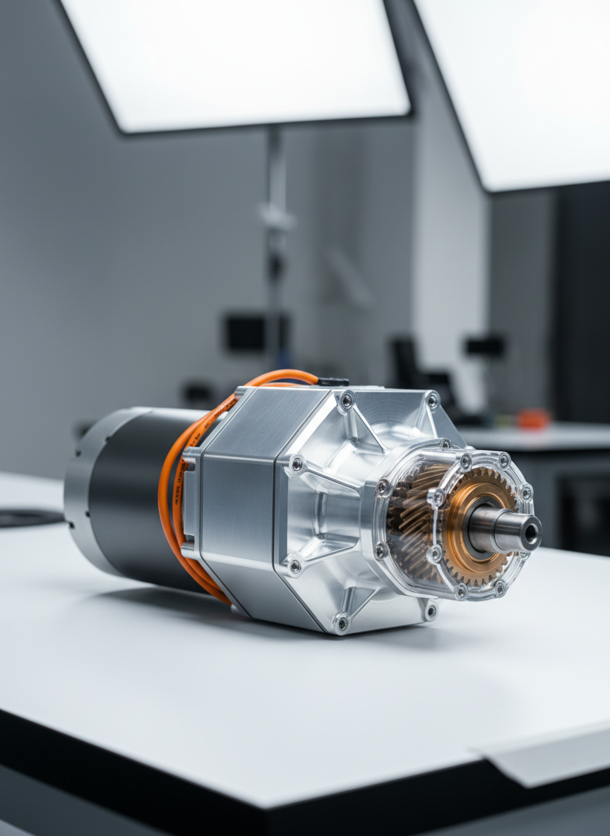 A high-performance EV powertrain assembly resting on a clean, matte white engineering bench, showcasing a compact electric motor, silver inverter housing with precise CNC-machined edges, and an integrated single-speed gearbox with exposed, finely cut gears. Thin orange high-voltage cables route neatly between components, labeled with subtle safety markings. Cool, diffused studio lighting from above and slightly behind creates crisp reflections on brushed aluminum surfaces and soft shadows beneath the assembly. Shot at eye level with a slight three-quarter angle, the foreground in razor-sharp focus and the background gently blurred. The mood is professional, precise, and technologically advanced, conveying reliability and global-ready production in a photographic realism style.