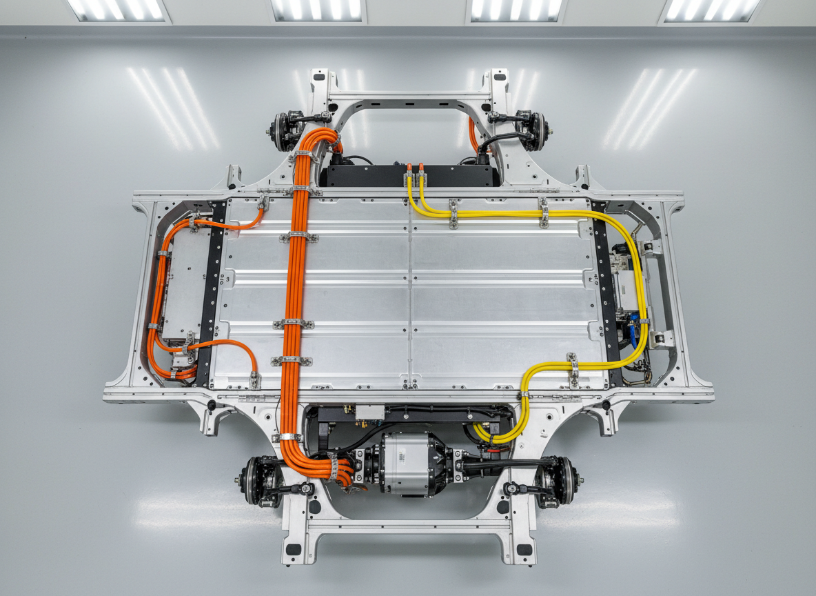 A modern EV chassis platform viewed from above in a pristine, brightly lit test bay, revealing a flat battery pack integrated into the floor and a compact powertrain unit at the rear axle. Heavy-duty cables in orange and yellow trace an orderly path along the frame, secured with precise clamps. The floor is a smooth, light grey epoxy that softly reflects the underbody. Overhead industrial LED panels bathe the scene in evenly diffused white light, minimizing harsh shadows and emphasizing every structural line. Captured as a bird’s-eye photographic shot with sharp focus across the entire frame, the mood is organized, efficient, and globally scalable, highlighting a modular architecture ready for multiple vehicle platforms.