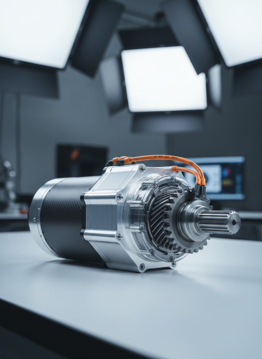 A high-performance EV powertrain assembly resting on a clean, matte white engineering bench, showcasing a compact electric motor, silver inverter housing with precise CNC-machined edges, and an integrated single-speed gearbox with exposed, finely cut gears. Thin orange high-voltage cables route neatly between components, labeled with subtle safety markings. Cool, diffused studio lighting from above and slightly behind creates crisp reflections on brushed aluminum surfaces and soft shadows beneath the assembly. Shot at eye level with a slight three-quarter angle, the foreground in razor-sharp focus and the background gently blurred. The mood is professional, precise, and technologically advanced, conveying reliability and global-ready production in a photographic realism style.